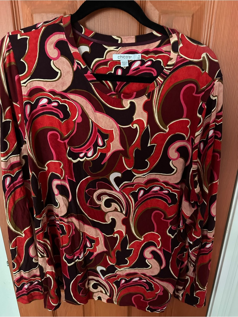 Chico's Red Multi Paisley-Print Long Sleeve Top